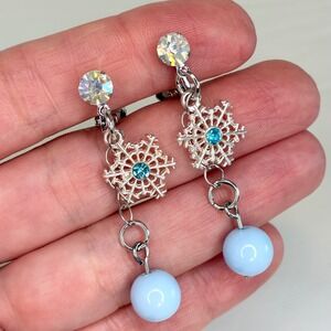 Snowflake Clip On Earrings Kids Blue Bead Dangle Rhinestone Winter Jewelry